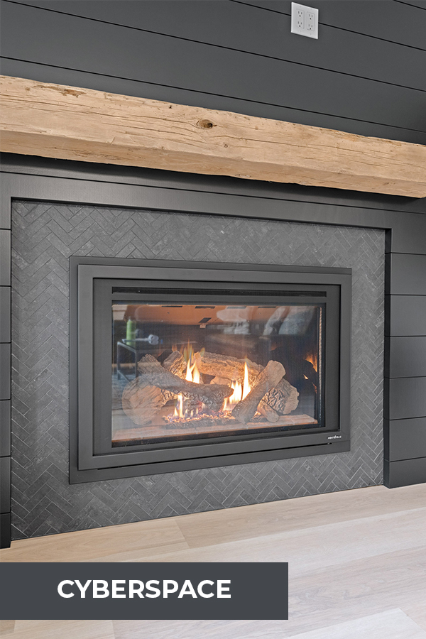 Tour Lakeside Meredith Escape Black shiplap fireplace in Sherwin Williams Cyberspace